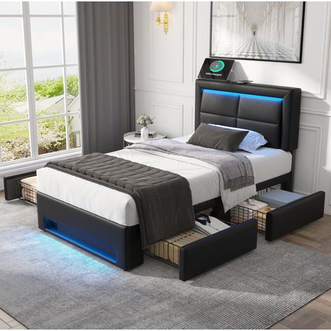 Cama individual 90x200 cm de polipiel negra con almacenaje, sin colchón FloraGrace (1/5)