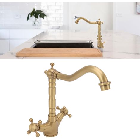 Grifo de baño antiguo de cobre con doble cruceta y dos manijas – Grifo de cocina europeo con control de temperatura del agua fría y caliente. (1/5)