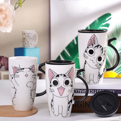 Isolierter Trinkbecher in Katzenform mit Deckel, großes Fassungsvermögen, kreatives Design, ideal für Paare, zu Hause, bei der Arbeit oder zum Frühstück. (1/5)