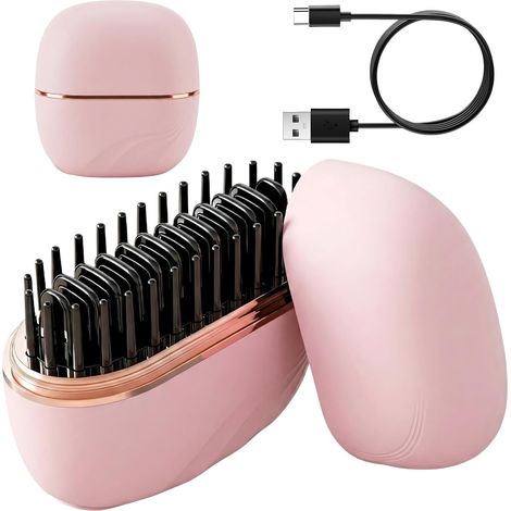 Mini-lisseur, sans fil, brosse lissante portable rechargeable, mini-brosse lissante, brosse lissante pour cheveux, avec 3 réglages de température, pour les cheveux et la barbe (1/5)