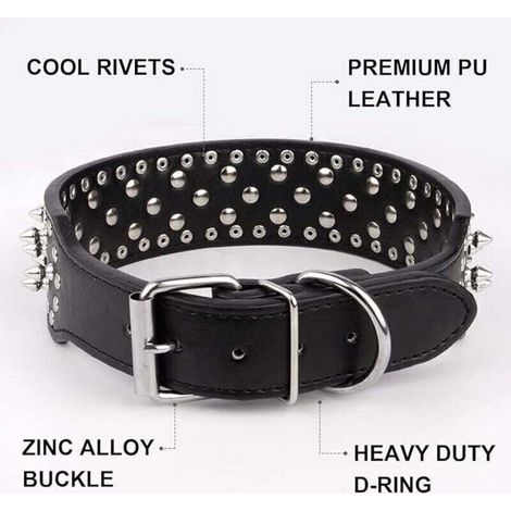 Collier de chien réglable à pointes larges, colliers de chien de chat en cuir PU avec rivet champignon, moyenne et grande race, PitBull Mastiff Bulldog Pugs Husky Rottweiler Noir (1/3)