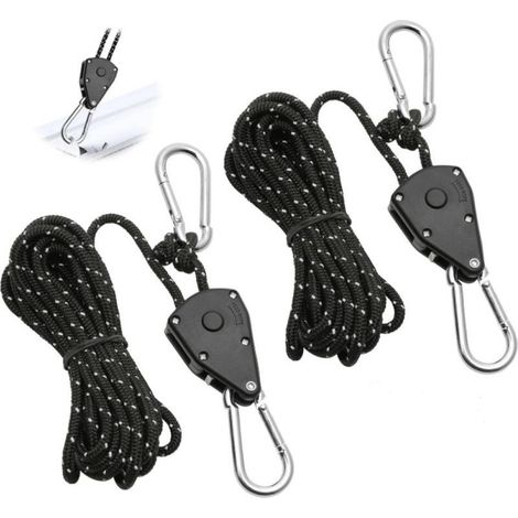 Ensemble de 2 cordes à cliquet réglables, 4 mètres, poulie à cliquet noire de 1/8", tendeur de corde à cliquet réfléchissant, convient pour l\'éclairage, le jardinage, les tentes et la randonnée (1/5)
