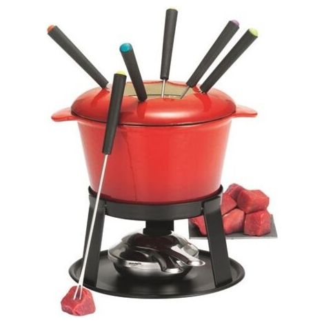 Service à fondue bourguignonne en fonte émaillée rouge vif pour 6 convives – Réchaud à combustible – Couvercle anti-éclaboussures inclus (1/3)