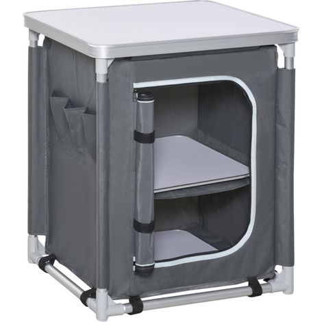 Placard de cuisine pour camping pliable avec 2 étagères et sac de transport, aluminium et tissu Oxford 60x49x70cm Gris