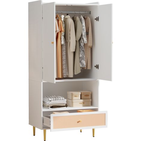 Armadio con 2 Ante, 1 Cassetto, 1 Ripiano e Barra Appendiabiti, in Pannelli di Particelle, 80×48×175 cm, Bianco e Naturale (1/5)