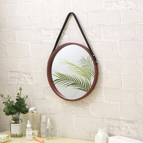 Miroir mural rond avec cadre en bois avec sangle - 30 cm - Pour salon, chambre à coucher, salle de bain - Décoration murale (marron) (1/5)