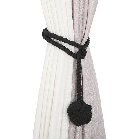 Set mit 2 Vorhanghaltern mit großem handgewebtem Baumwollball für Outdoor-Vorhänge (Schwarz, 2) (1/5)