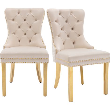 CAIziChaise repas velours beige/or, clou décor, pieds acier doré, lot de 2