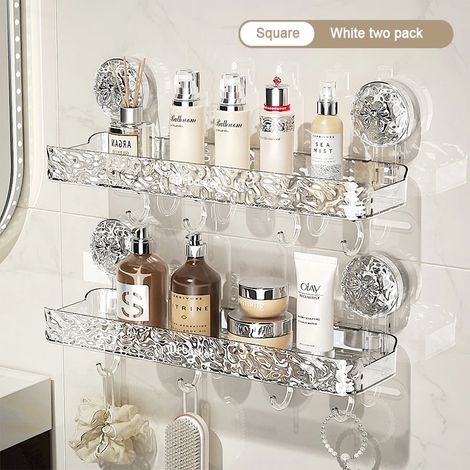 (Mix 2-M) Étagère de rangement de salle de bain transparente et légère, fixation murale luxueuse, non perforée, ventouses puissantes (1/5)