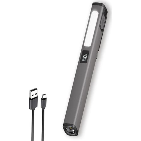 Stiftförmige Taschenlampe mit Clip, wiederaufladbar, geeignet für Camping/Laufen, grau. (1/4)
