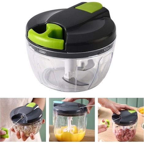 Mini hachoir à main avec cordon - mixeur plongeant, hachoir manuel pour oignons, ail, viande, légumes, gris-vert, 520 ml