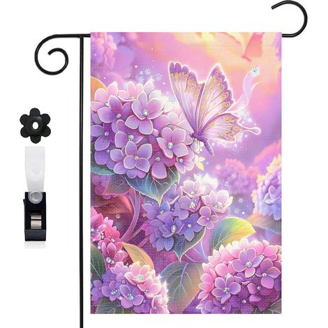 Drapeau de jardin bienvenue 30 x 45 cm motif hortensias et papillon féerique toile double face décoration extérieure (1/5)