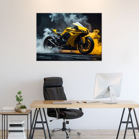 Wandbild Gelbes Motorrad Motorradrennfahrer 100x70 (1/4)