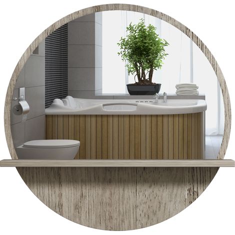 kleankin Round Mirror for Wall Makeup Mirror with Shelf Grey Wood Effect (1/5)