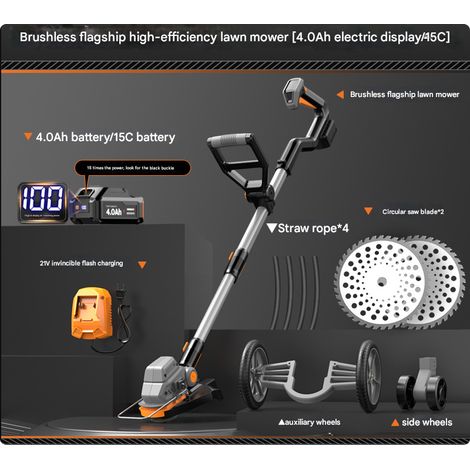 21V fast-charging lawn mower, 4.0Ah, one 15C battery, 4 grass-cutting ropes, 2 blades, with two sets of wheels, brushless motor, lawn mower (1/5)