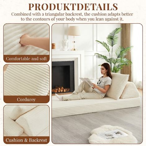 VVBV Canapé modulable, 1 place, 211,5 x 106,5 cm, avec coussins, velours côtelé, beige (1/5)