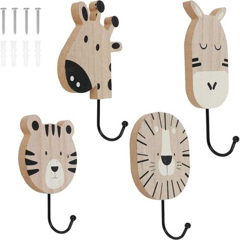 Beyamis Patère murale décorative en bois, motif animaux mignons, pour chambre d'enfant, marron, lot de 4 (1/5)