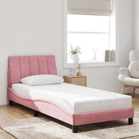 Cadre de lit 90 x 200 cm avec tête de lit en velours rose, sommier à lattes, sans matelas - PANGIVO (1/5)