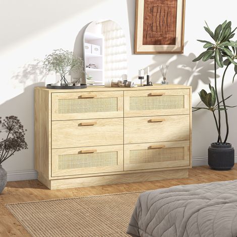 Commode bohème à 6 tiroirs pour chambres et entrées, en bois et rotin. 110 x 40 x 69 cm. Chêne.