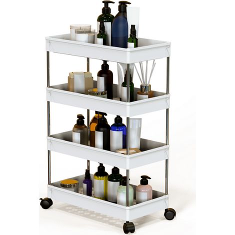 Carrello da portata a 4 ripiani, carrello portaoggetti, carrello da cucina, carrello con ruote per cucina, camera da letto, ufficio, 86x22x40 cm, bianco (1/5)