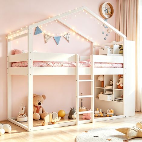 Etagenbett Massivholz Weiß 90x200 cm mit Stauraum an beiden Kopfenden