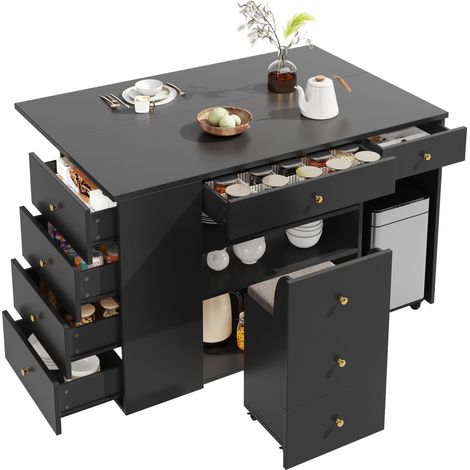 Schwarze Kücheninsel, Küchenbuffet mit ausziehbarer Platte, 6 Schubladen & Schrank & Regalböden, gepolsterter Hocker mit 2 integrierten Staufächern, 140×40(70)×89 cm