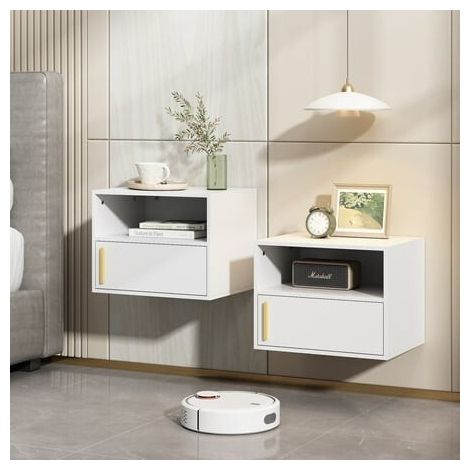 [GEBRAUCHT] B-Ware Moderne Wand-Nachttische 2er Set mit Schubladen und Stauraum in Weiß 33x42,5cm (1/2)
