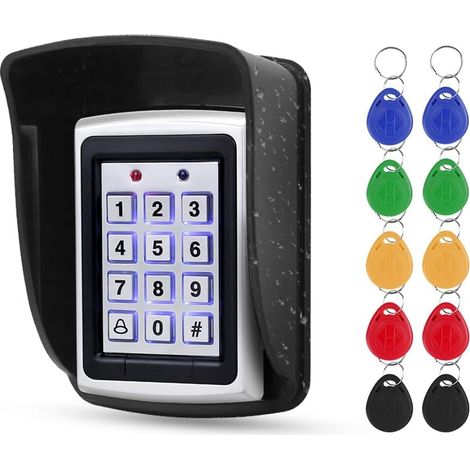 1 Contrôleur d'accès RFID, Clavier Digicode Métal, Boîtier Étanche, 10 Porte-clés 125KHz, Extérieur