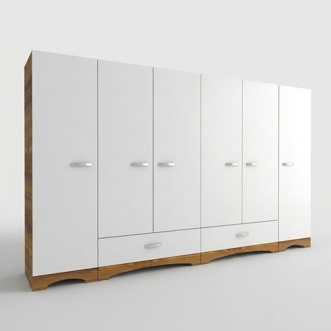 Ridan Kleiderschrank 6-türig mit Schubladen und Regalböden - Walnuss