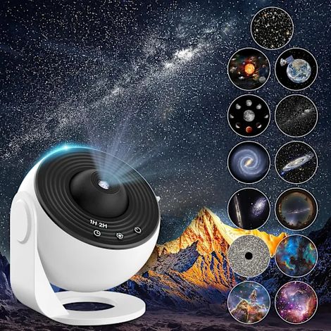 Filiyano – Projecteur planétarium avec 12 disques, rotation à 360°, mise au point réglable et veilleuse pour chambre d'enfant ou d'adulte (blanc). (1/5)