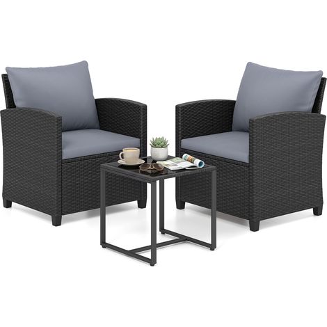 Salon de Jardin Exterieur 2 Personnes en Rotin PE, avec 2 Fauteuils à Coussins Amovibles&Table Basse à Plateau en Verre Trempé, Noir+Gris (1/5)