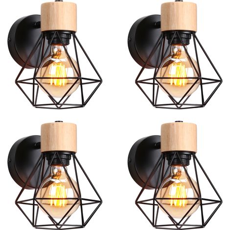 Axhup – Applique murale industrielle vintage E27 ajustable en métal et bois noir – Angle réglable 90° – Pour chambre, salon, café – Lot de 4