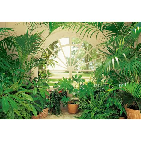 A.S. Creations – Papier peint panoramique trompe l'oeil fenêtre jardin d'hiver – Tapisserie nature verte pour salon – Dimensions 366 x 254 cm – 8 pièces (1/2)