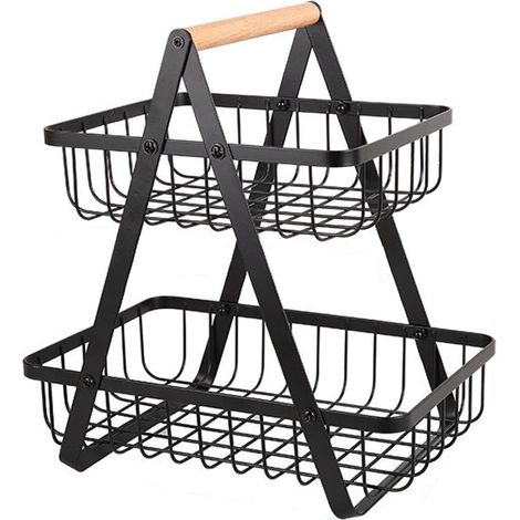 Panier à Fruits 2 Étagères en Acier Carbone Démontable, Support de Rangement Portable pour Légumes, Pain et Snacks, Usage Intérieur et Extérieur Noir (1/5)