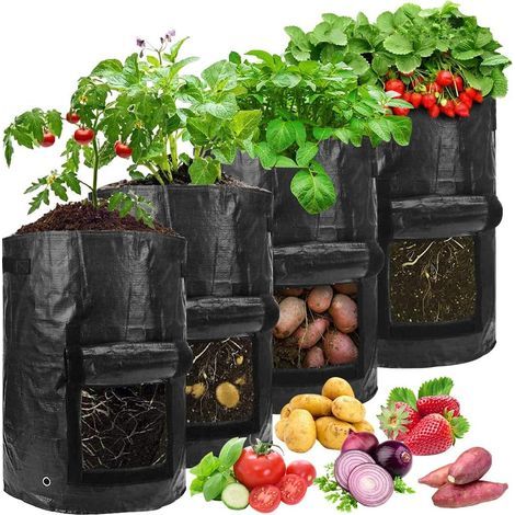 Lot de 4 sacs de plantation pour pommes de terre - 10 gallons - Avec poignées - Fenêtre transparente - Pour pommes de terre (1/5)
