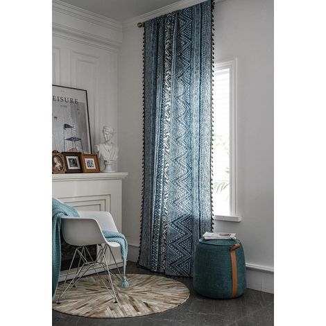 Rideaux occultants géométriques semi-occultants à 2 panneaux, en coton et lin à motif tribal avec bordure noire et tringle à pompons, pour salon/chambre (150200cm, bleu) (1/5)