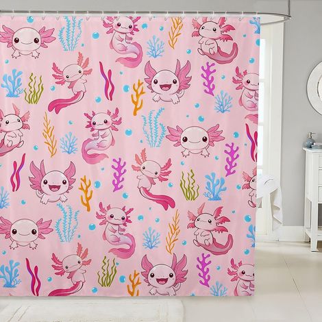 Rideau Douche 180x210cm Axolotl Cartoon Rideaux de Douche Animal Océanique Rideau de Baignoire Faune Monde sous Marin Rideaux Salle de Bain Algue Corail - 180L X 210H cm (1 Panneaux) (1/5)