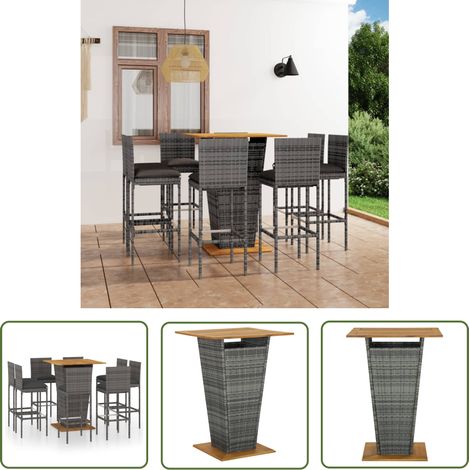 The Living Store Ensemble de bar de jardin 9 pcs et coussins Résine tressée Gris - Ensemble Salon De Jardin - Mobilier De Jardin - Set De Bar Extérieur - Table Basse Extérieure - Chaises Pliantes (1/5)
