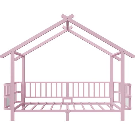 Lit enfant maison en métal 90 x 200 cm avec barrières de sécurité et cadre toit rose MODENUIT (1/5)