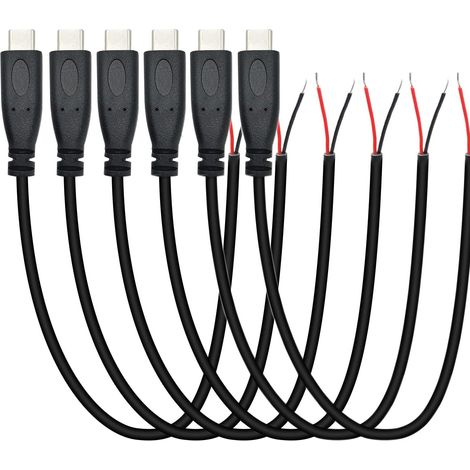 6 Pièces Queue de cochon USB Type-C,22AWG 5V 3A prise USB-C vers fil nu à 2 broches,USB type C rallonge de câble, prise USB C à souder avec extrémité ouverte pour les bricoleurs (25 cm)