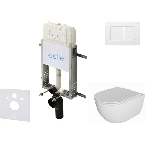 kielle Genesis New - Conjunto de instalación empotrada, inodoro Oudee, Rimless, asiento softclose y pulsador Gemini New III, blanco brillante 30528SZ07
