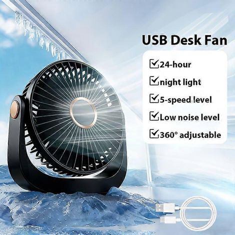 Ventilador de escritorio USB, recargable, de 5 velocidades, con luz nocturna, ajustable en 360° y de bajo ruido, ideal para el hogar, la oficina o el dormitorio. Alimentación por USB. (1/5)