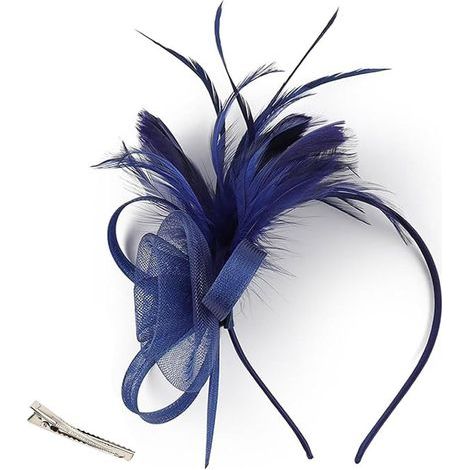 Fascinator blu navy da donna, elegante fascinator con clip e veletta, fascinator floreale in tulle e piume con clip e cerchietto per matrimoni, feste, feste in giardino, tea party (1/5)