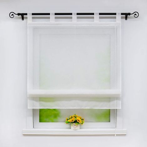 Romain Blanc Uni Aspect de Lin Demi-Transparent avec Passants Rideau Voilage sans Perçage Installation Facile Décoration pour Fenêtre Simple 1 Pièce LxH 80x140CM (1/5)