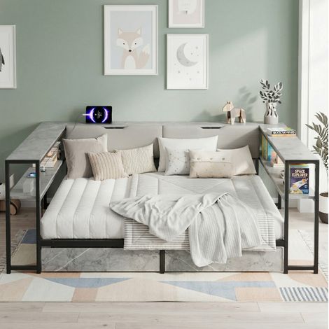Letto daybed imbottito grigio 90x200 cm in MDF e metallo con testiera portaoggetti, USB/Type-C, 2 cassetti e rete (1/5)