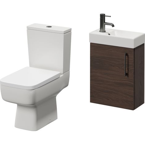 Napoli Cube Brown Oak 400mm Single Door Wall Mounted Vanity Unit and Toilet Suite with Align Basin - 400mm - Gunmetal Grey 160mm Handle