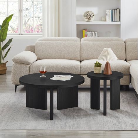 Set de 2 mesas de centro redondas con estructura ranurada para salón, diseño ahorro de espacio, MDF - negro (1/5)