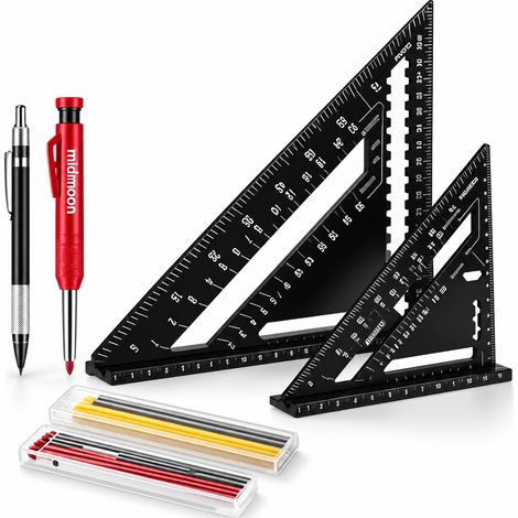 Equerre Menuisier, Équerre Charpentier Multifonction 180 mm [Crayon Chantier + 18 Mines] Metal, Règle de Menuisier Regle Trusquin Rapporteur de 45 à 90 Degrés Outillage Charpentier