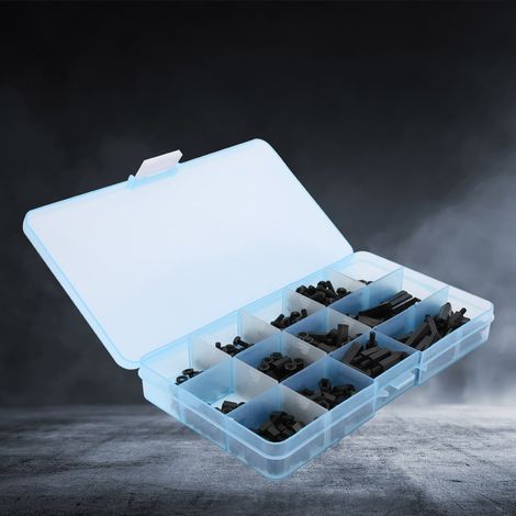 310-teilige Schachtel mit M3-Nylon-Schraubenmuttern, Unterlegscheiben, Außengewinde, Innengewinde, Innengewinde, Innengewinde, Innengewinde, Distanzstücken (schwarz) (1/5)