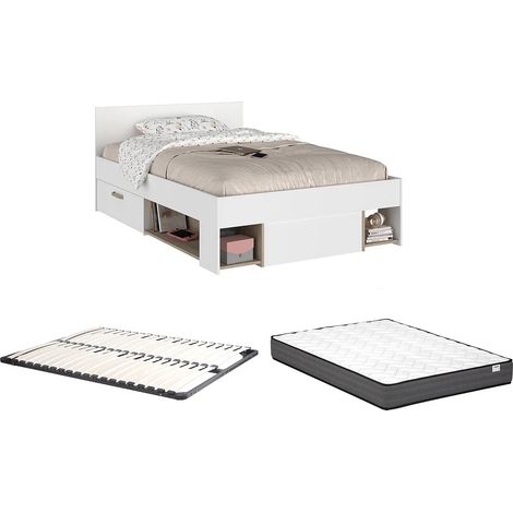 Letto 120 x 190/200 cm Con vani portaoggetti Bianco e naturale + Rete a doghe + Materasso - KINSELIA (1/5)